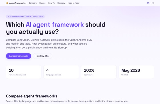 AI Agent Framework Comparison 2026 화면